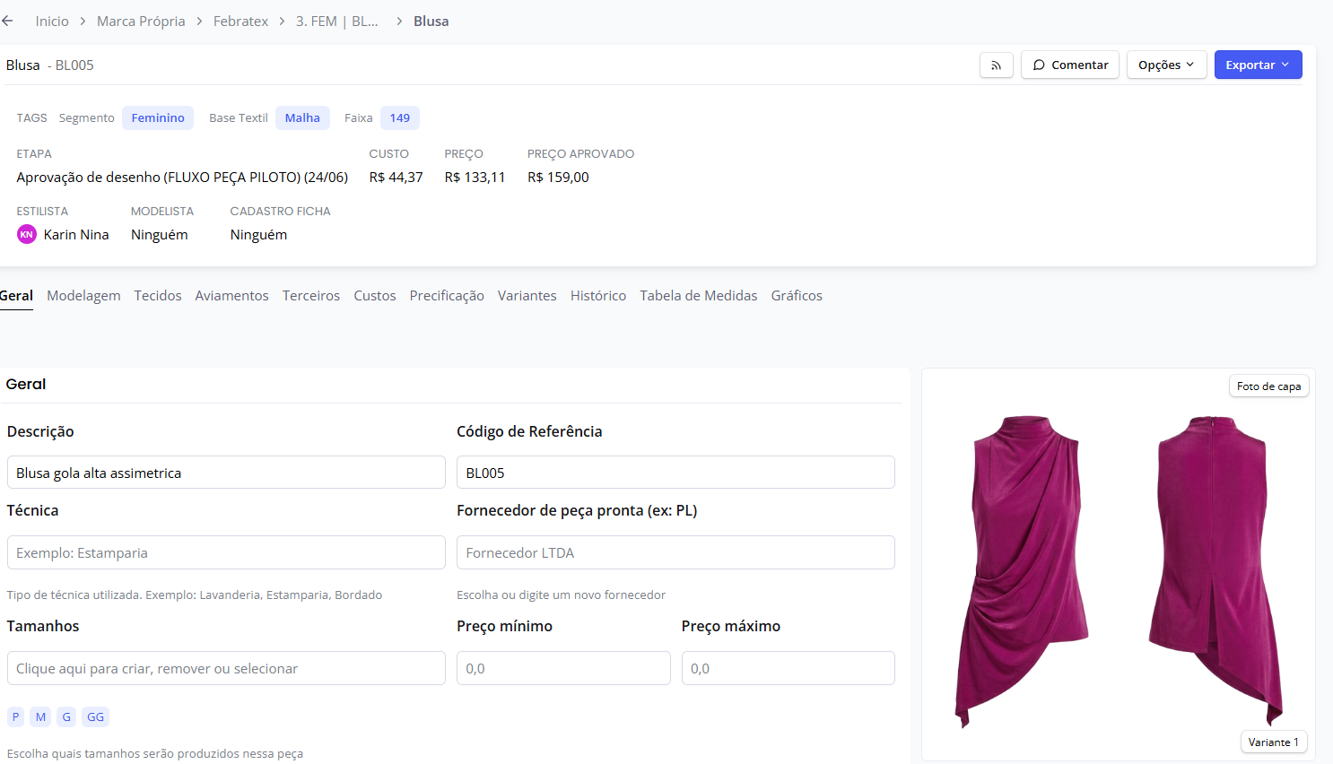 Print do módulo Ficha técnica no Coleção.Moda
