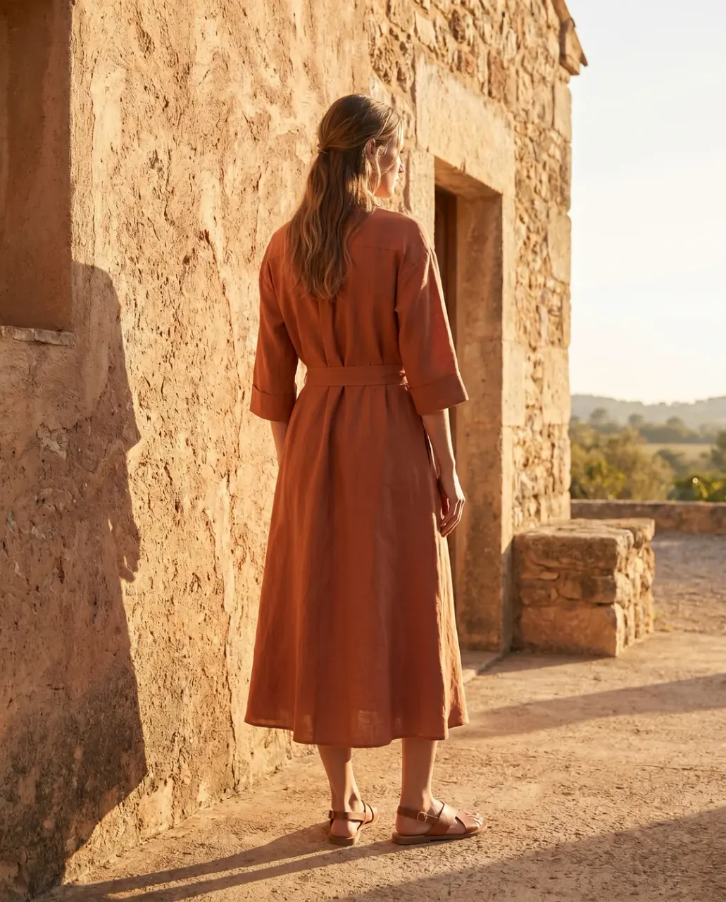 Imagem de campanha gerada pela Donna: vestido de linho terracota em cenário de luz quente