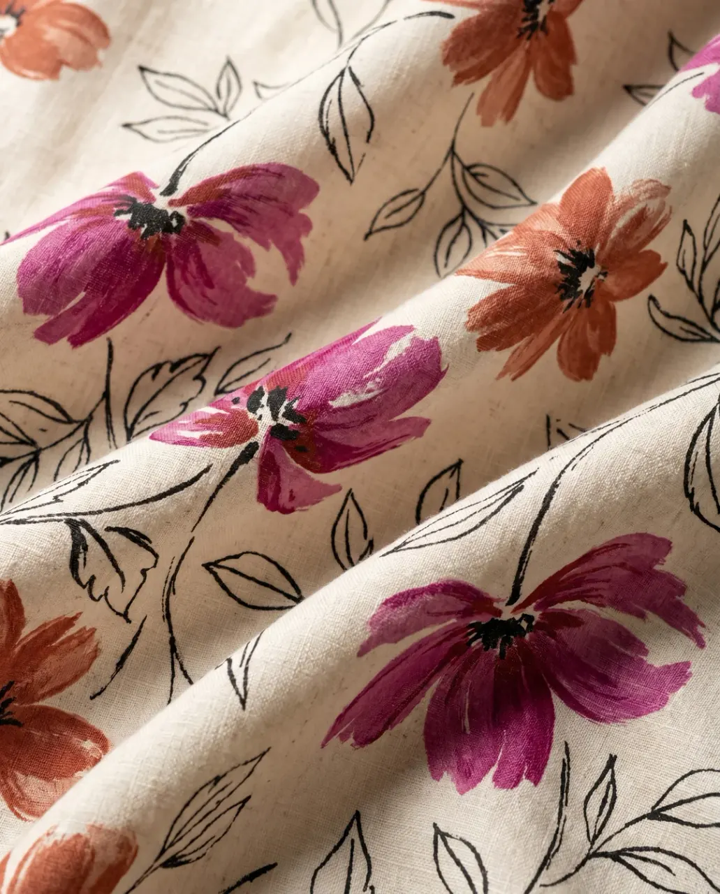 Estampa exclusiva gerada pela Donna aplicada em tecido drapeado, padrão botânico magenta e terracota