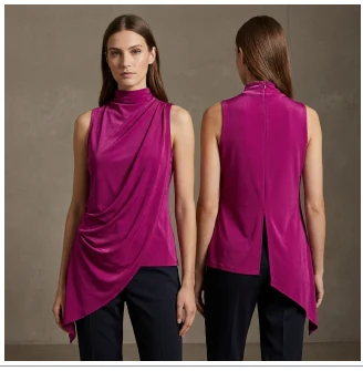 Blusa gola alta assimétrica BL005 em crepe fúcsia, frente e costas.
